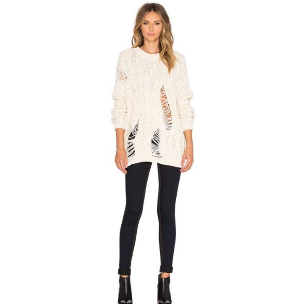 Revolve JOA Distressed Cable Knit Sweater Womens S Cream Oversized Pullover Edgy